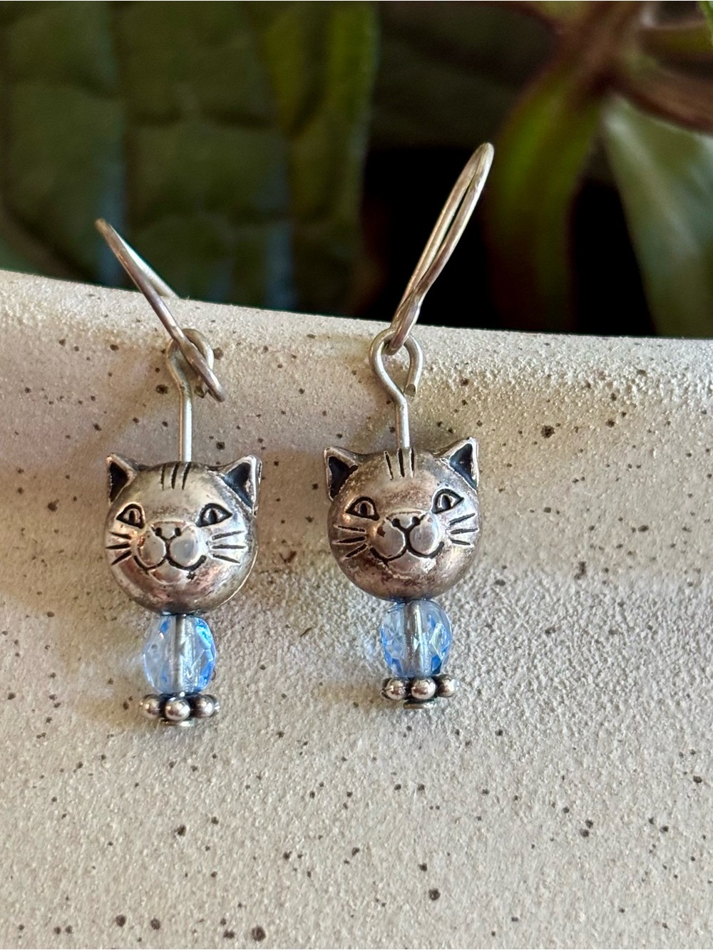 Sterling Silver Cat Face Earrings with Blue Bead - Pets Cat Jewelry